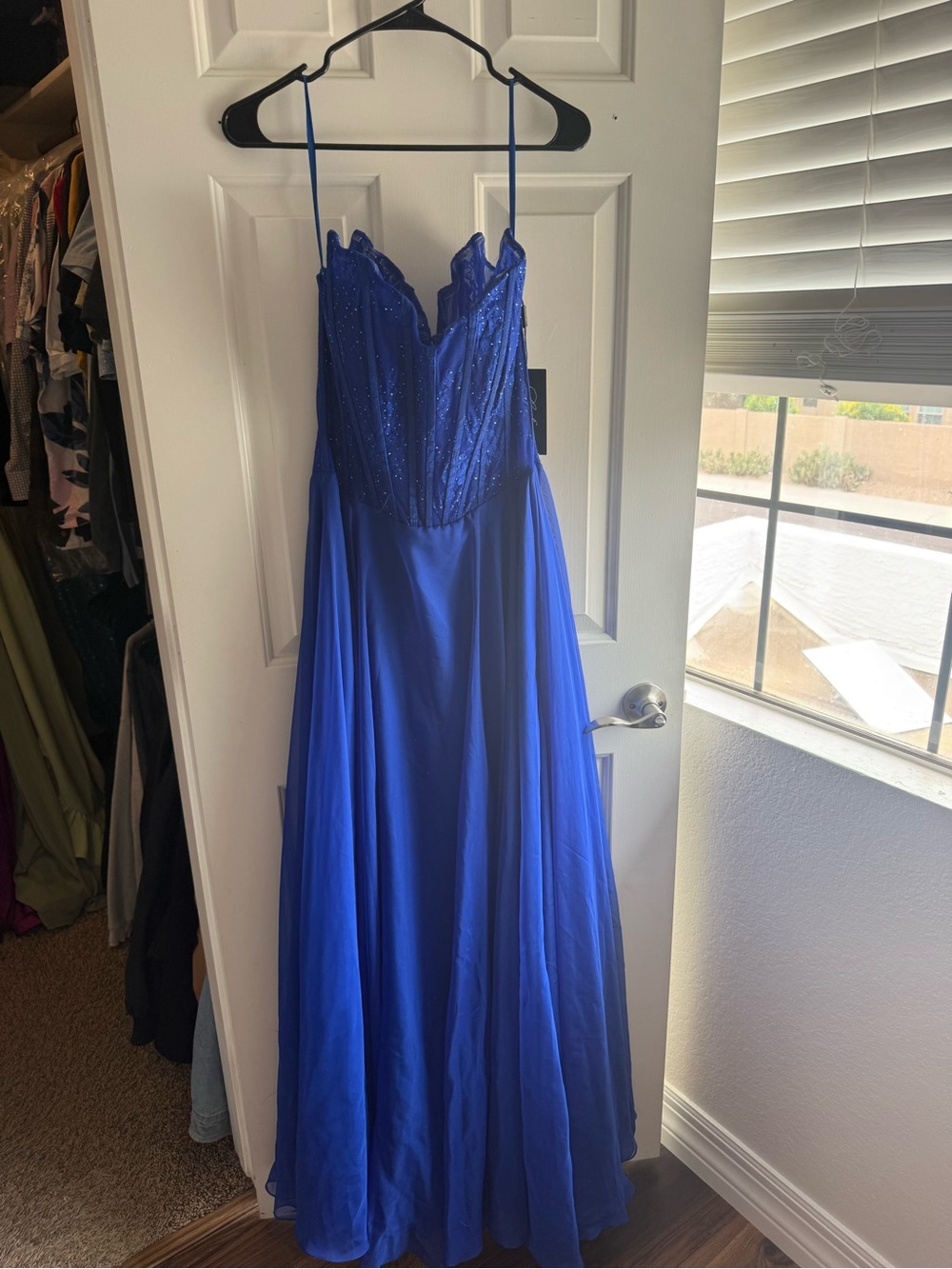 La Femme Royal Blue Beaded Spaghetti-Strap Prom Gown